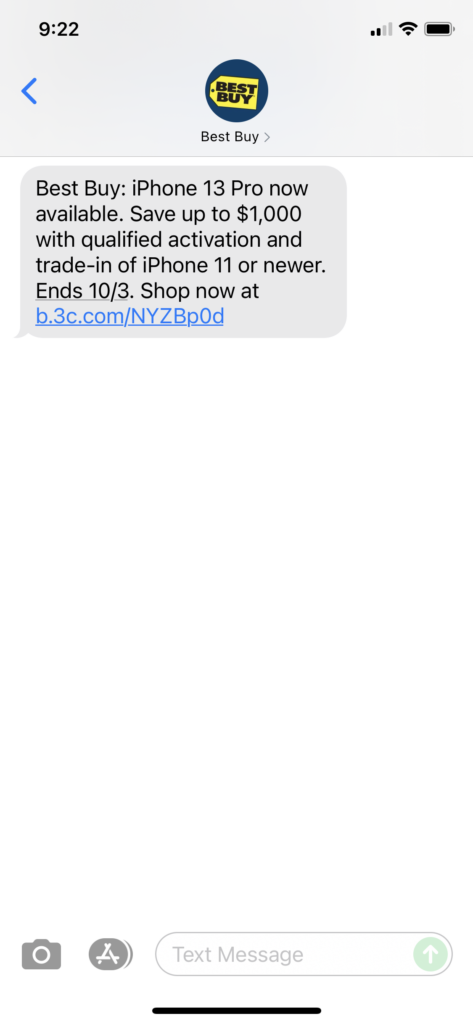 Best Buy 1 Text Message Marketing Example - 09.24.2021