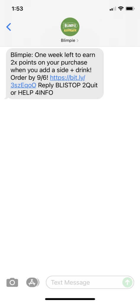 Blimpie Text Message Marketing Example - 08.31.2021