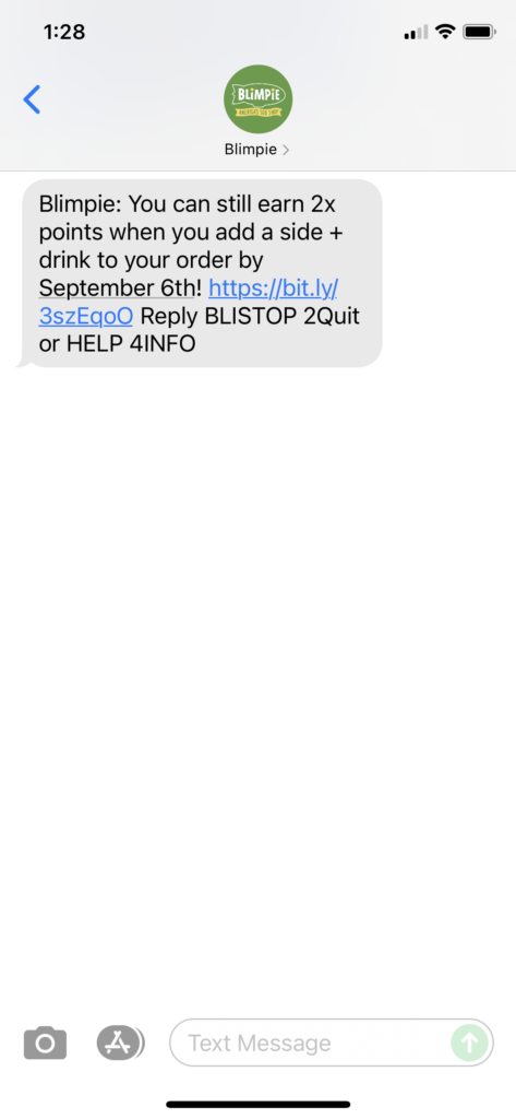 Blimpie Text Message Marketing Example - 09.03.2021