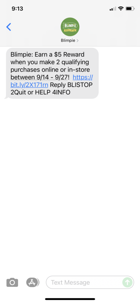 Blimpie Text Message Marketing Example - 09.14.2021