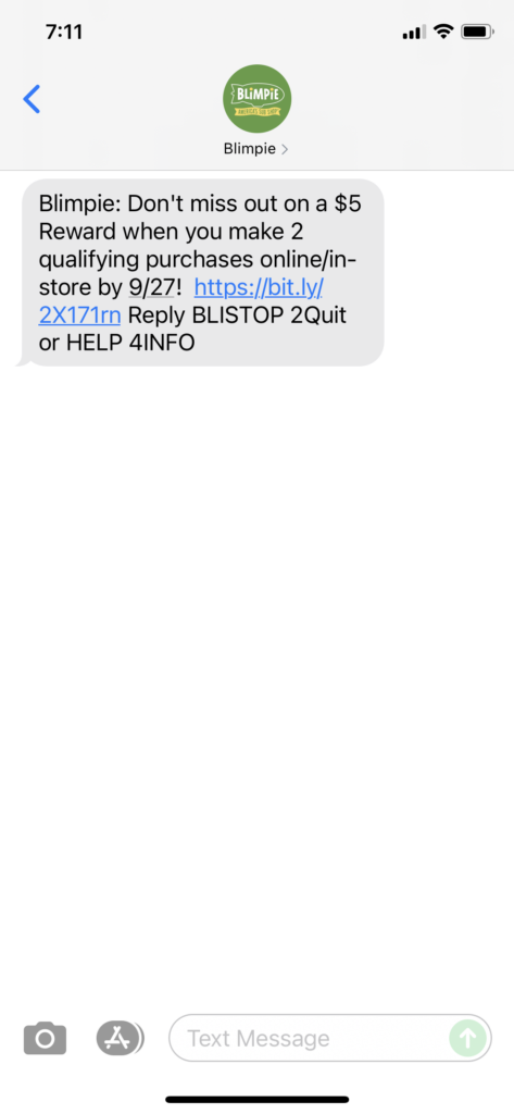 Blimpie Text Message Marketing Example - 09.21.2021