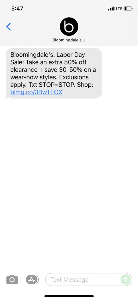 Bloomingdale's Text Message Marketing Example - 09.01.2021