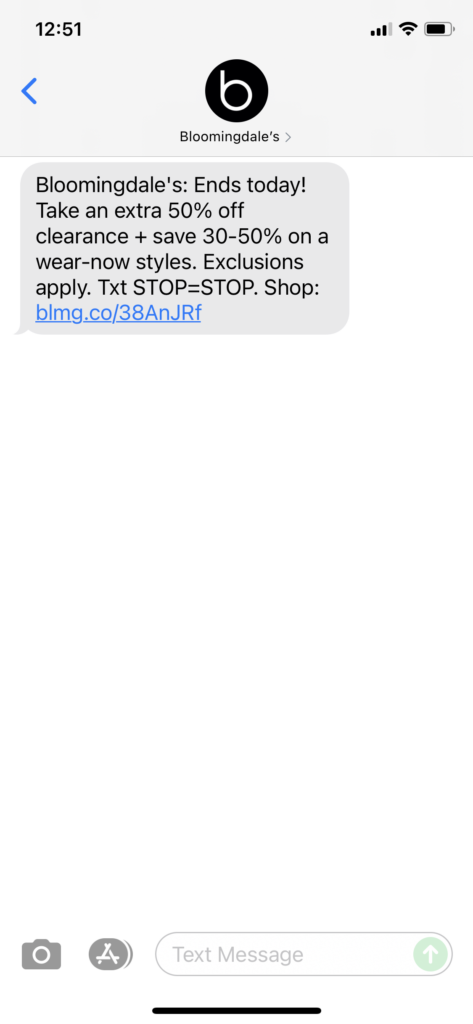 Bloomingdale's Text Message Marketing Example - 09.06.2021