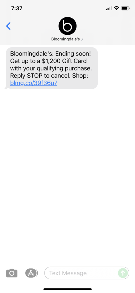 Bloomingdale's Text Message Marketing Example - 09.18.2021