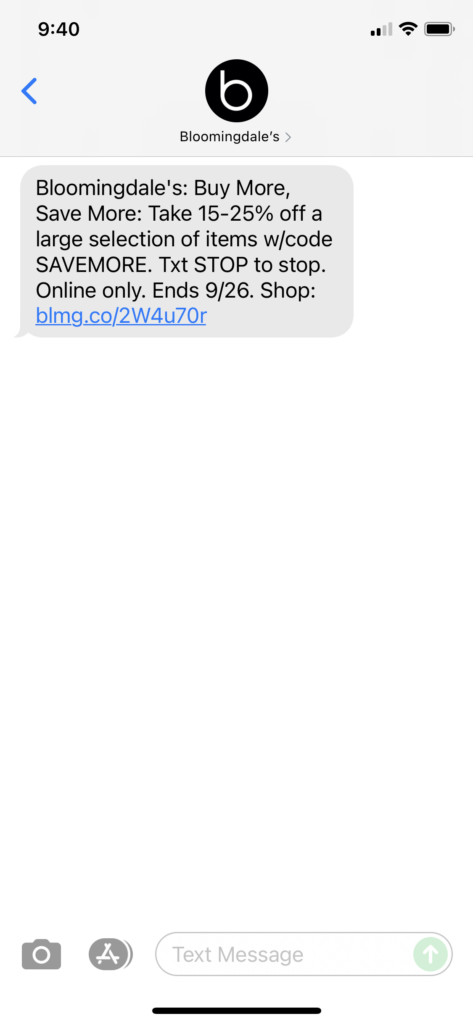 Bloomingdale's Text Message Marketing Example - 09.23.2021
