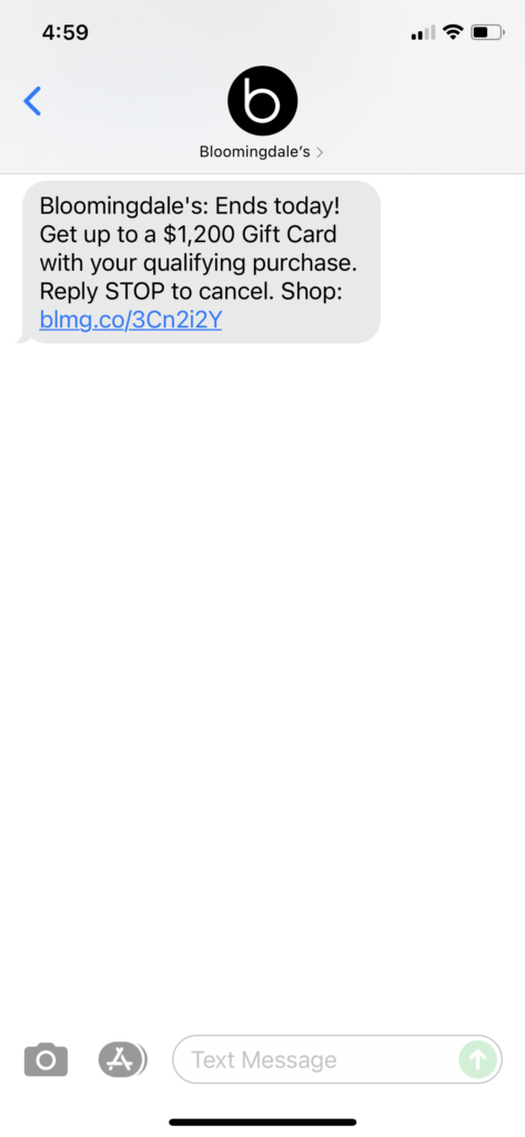 Bloomingdale's Text Message Marketing Example - 09.23.2021