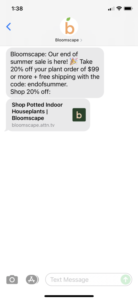 Bloomscape Text Message Marketing Example - 09.02.2021
