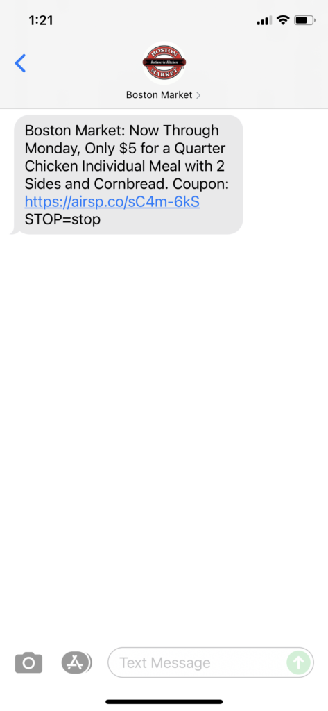Boston Market Text Message Marketing Example - 09.04.2021