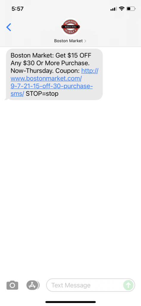 Boston Market Text Message Marketing Example - 09.07.2021