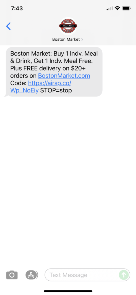 Boston Market Text Message Marketing Example - 09.10.2021