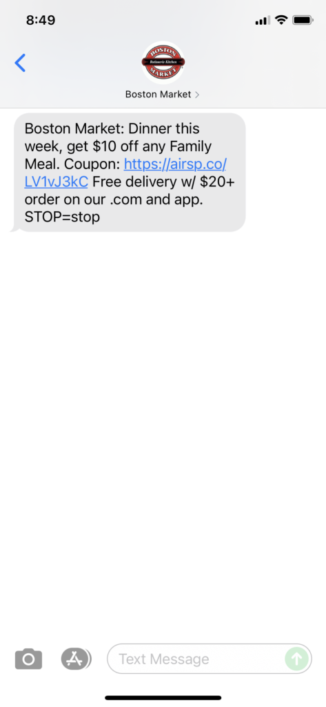 Boston Market Text Message Marketing Example - 09.26.2021