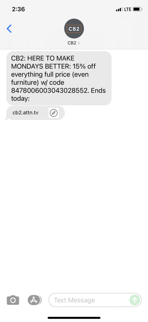 CB2 Text Message Marketing Example - 08.30.2021