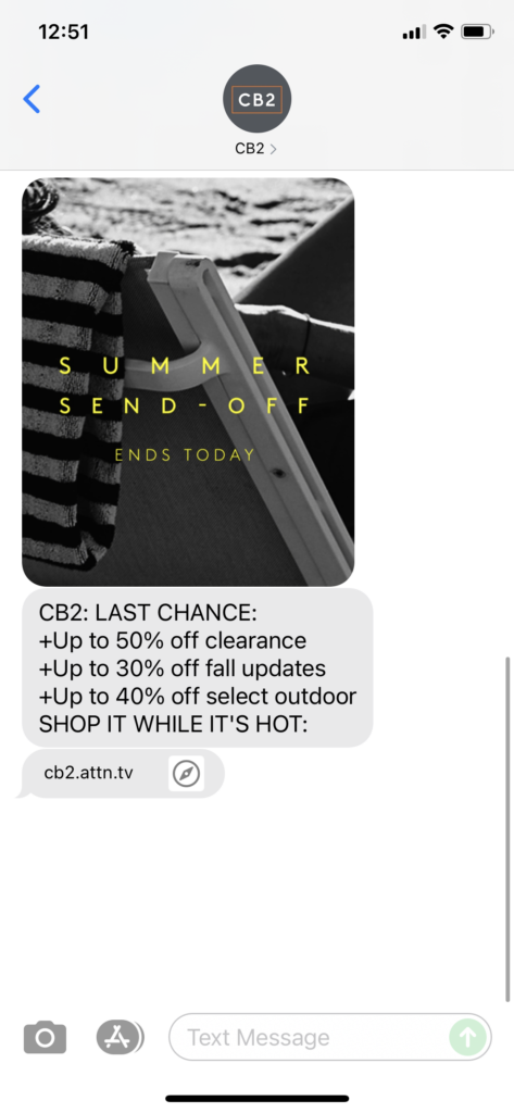 CB2 Text Message Marketing Example - 09.06.2021