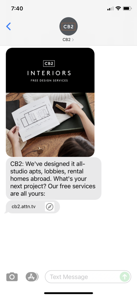 CB2 Text Message Marketing Example - 09.18.2021