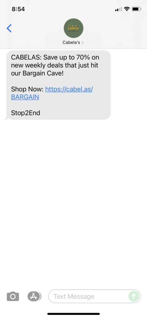 Cabala's Text Message Marketing Example - 09.15.2021