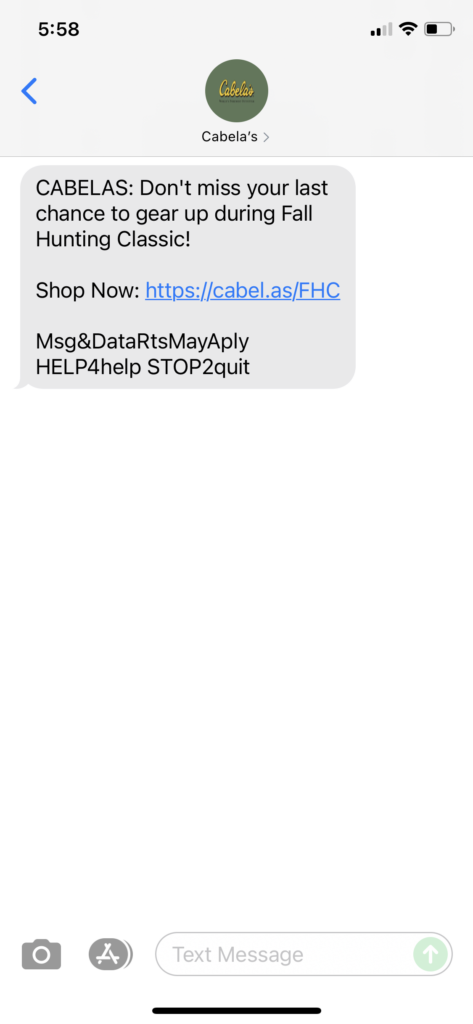 Cabela's Text Message Marketing Example - 09.07.2021