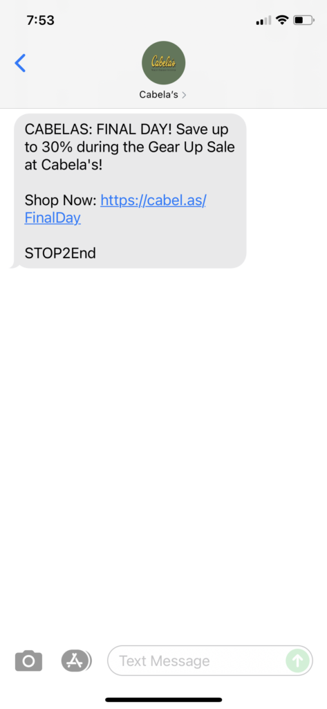 Cabela's Text Message Marketing Example - 09.22.2021