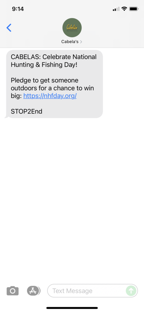 Cabelas Text Message Marketing Example - 09.25.2021