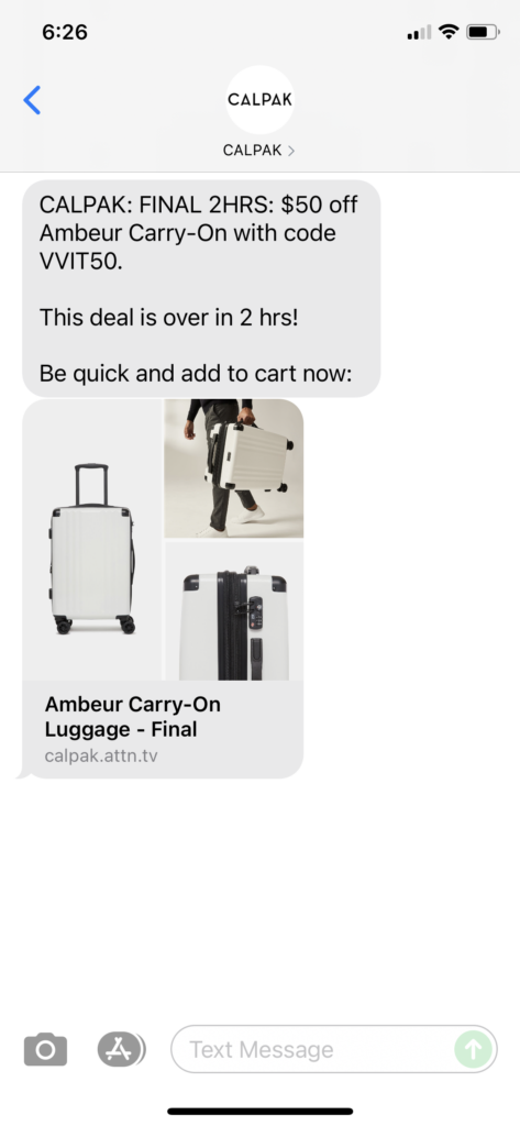 Calpak Text Message Marketing Example - 09.27.2021