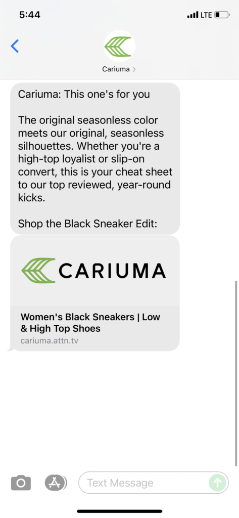Cariuma Text Message Marketing Example - 09.01.2021