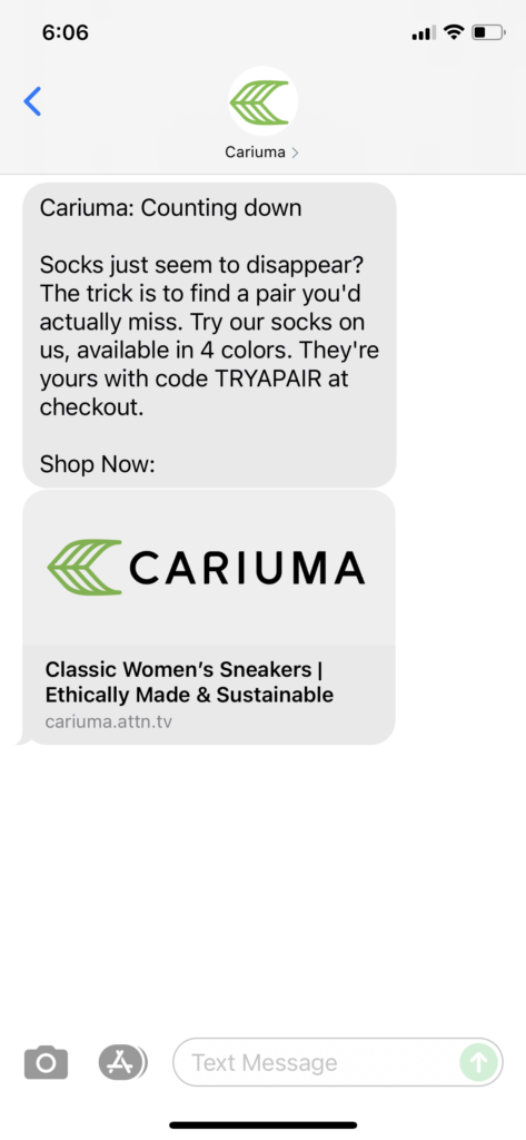 Cariuma Text Message Marketing Example - 09.06.2021