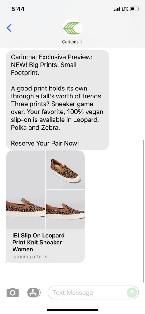 Cariuma Text Message Marketing Example - 09.07.2021