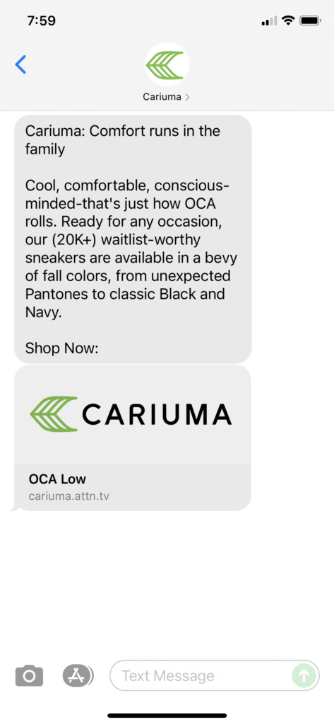 Cariuma Text Message Marketing Example - 09.09.2021