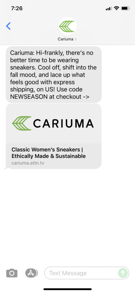 Cariuma Text Message Marketing Example - 09.13.2021