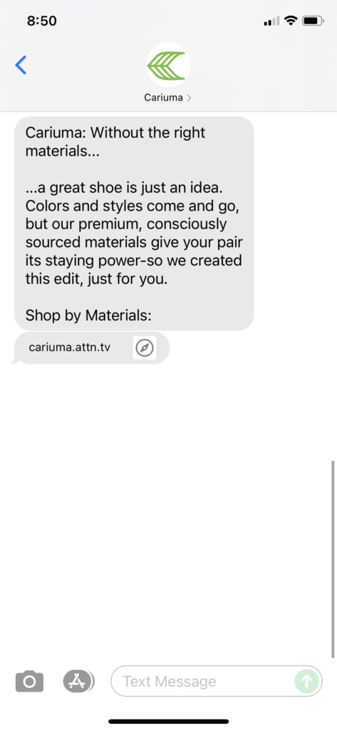 Cariuma Text Message Marketing Example - 09.15.2021