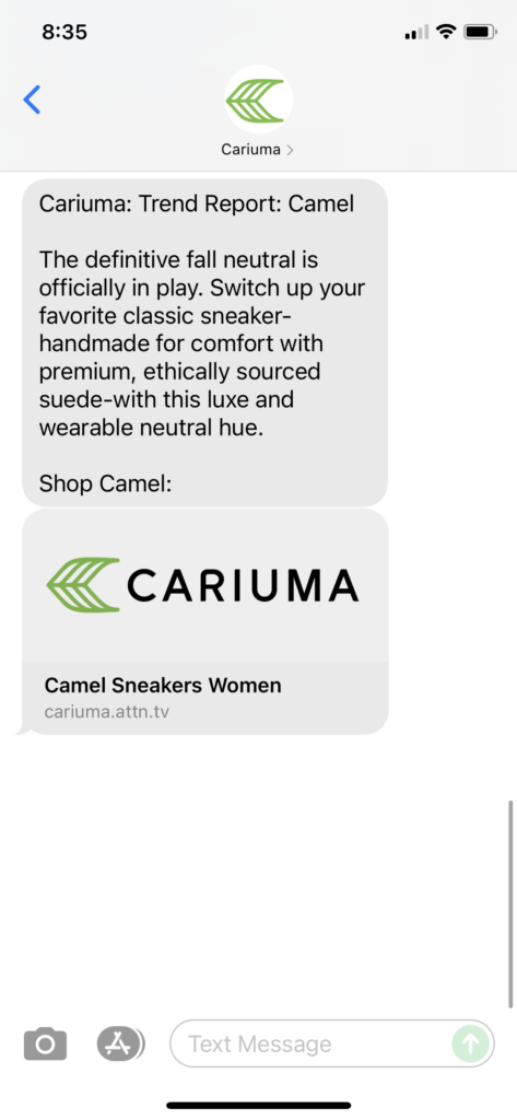 Cariuma Text Message Marketing Example - 09.16.2021