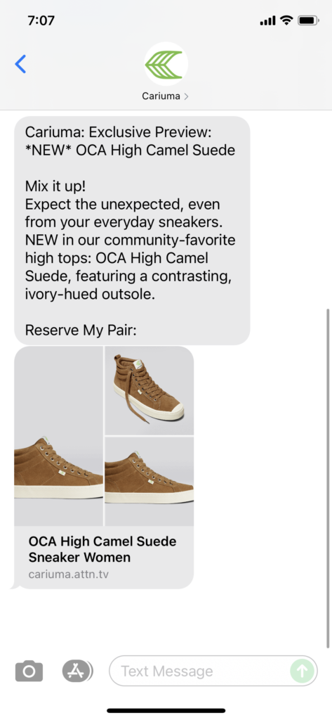 Cariuma Text Message Marketing Example - 09.21.2021