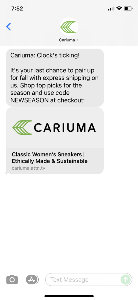 Cariuma Text Message Marketing Example - 09.22.2021