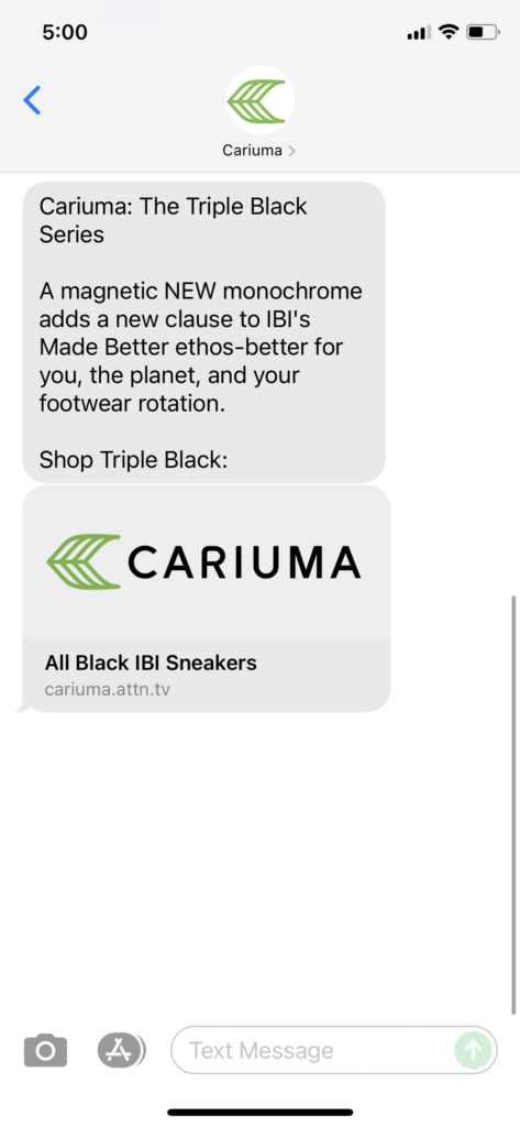 Cariuma Text Message Marketing Example - 09.23.2021