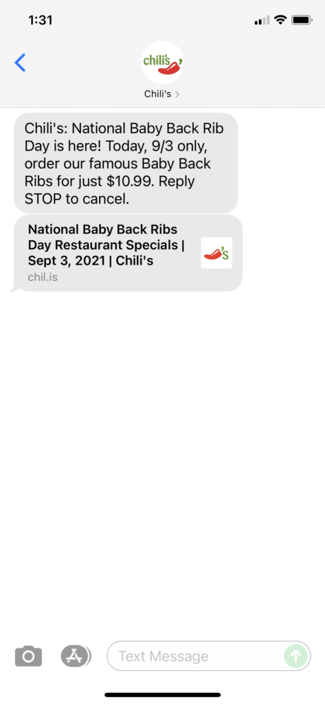Chili's Text Message Marketing Example - 09.03.2021