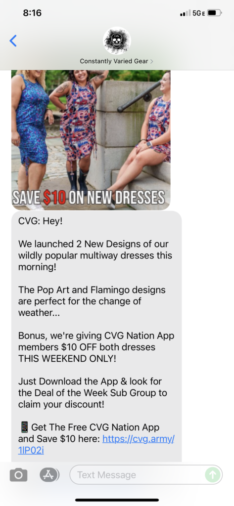 Constantly Varied Gear Text Message Marketing Example – 03.01.2021