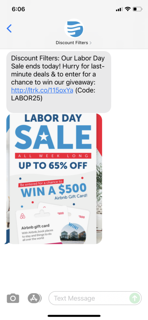 Discount Filters Text Message Marketing Example - 09.06.2021
