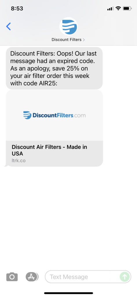 Discount Filters Text Message Marketing Example - 09.15.2021