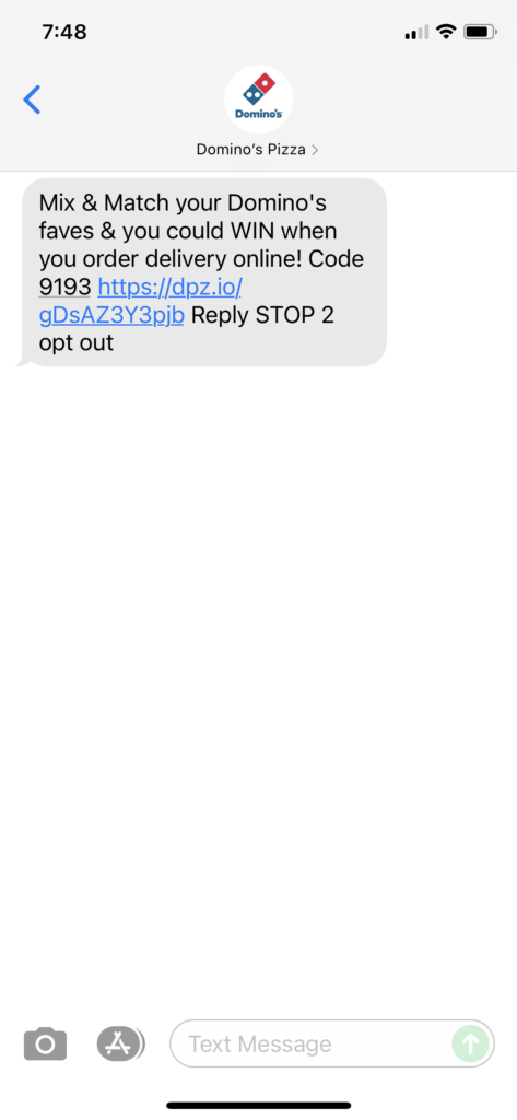 Domino's Text Message Marketing Example - 09.17.2021