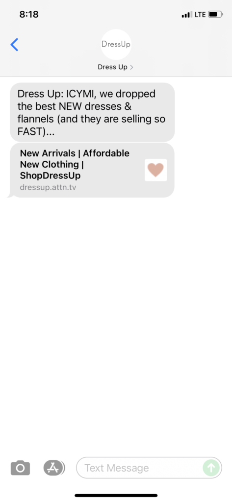 Dress Up Text Message Marketing Example - 08.24.2021