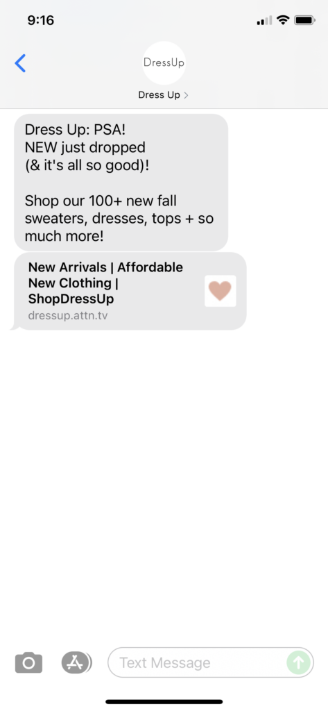 Dress Up Text Message Marketing Example - 09.25.2021