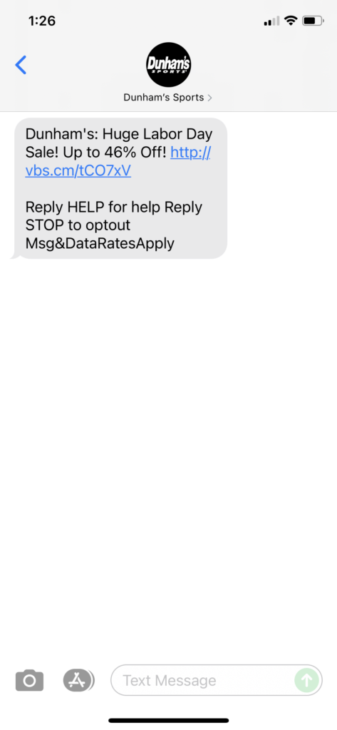 Dunham's Sports Text Message Marketing Example - 09.04.2021