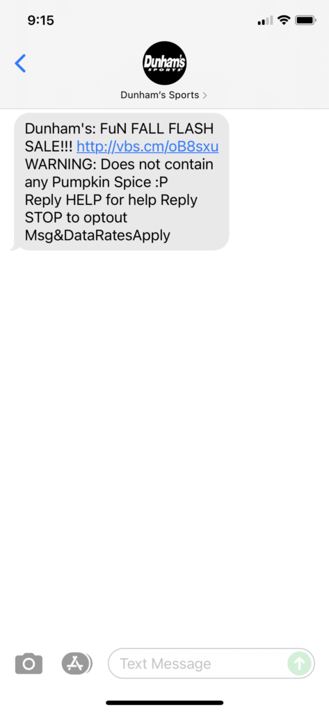 Dunham's Text Message Marketing Example - 09.25.2021