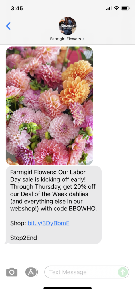 Farmgirl Flowers Text Message Marketing Example - 08.30.2021