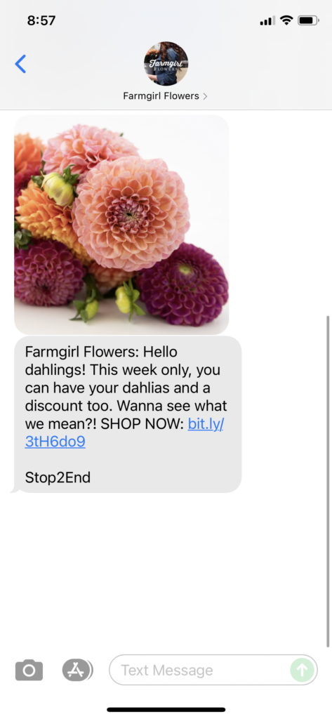 Farmgirl Flowers Text Message Marketing Example - 09.15.2021