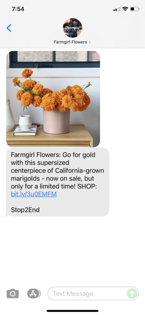 Farmgirl Flowers Text Message Marketing Example - 09.22.2021