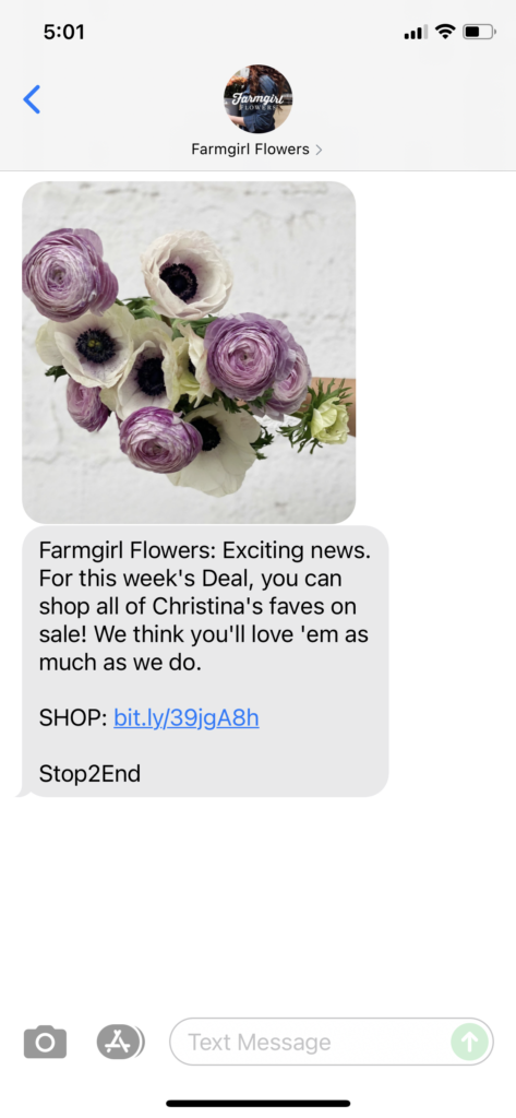 Farmgirl Flowers Text Message Marketing Example - 09.23.2021