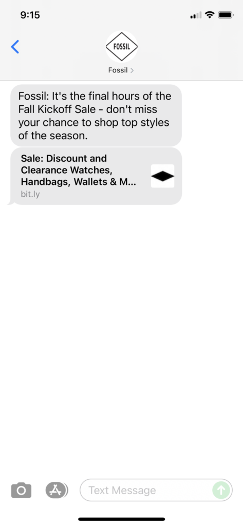 Fossil Text Message Marketing Example - 09.25.2021