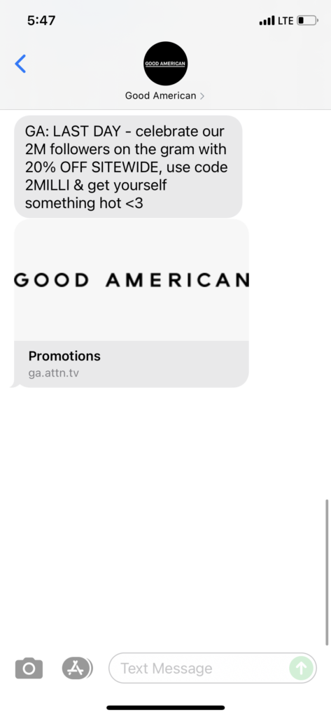 Good American Text Message Marketing Example - 09.01.2021