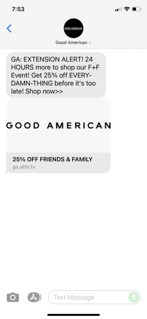Good American Text Message Marketing Example - 09.22.2021