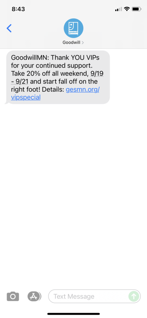 Goodwill Text Message Marketing Example - 09.16.2021